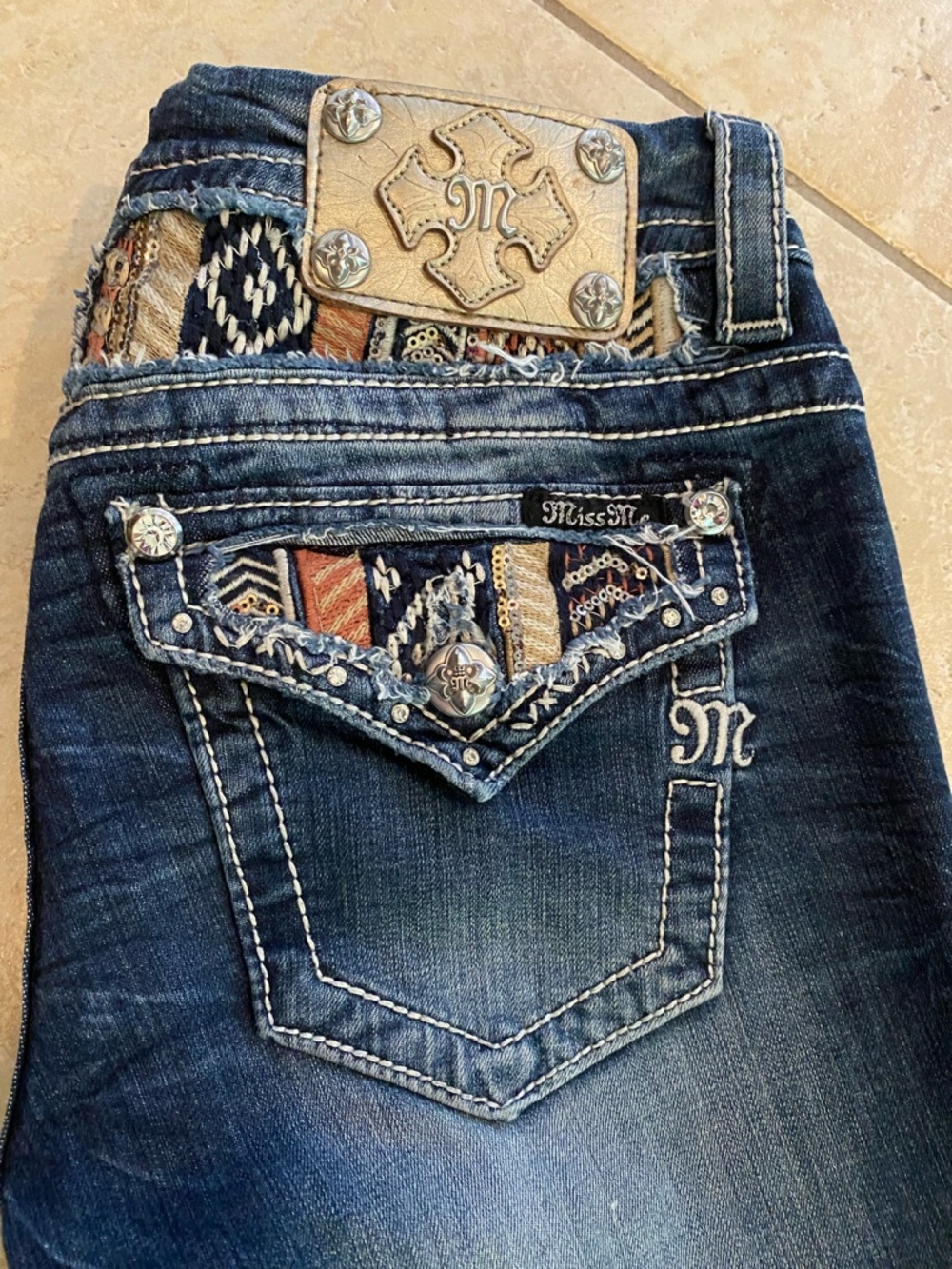 Miss Me Dark Navy Embroidered Back Pocket Jeans with Multi-Color Trim